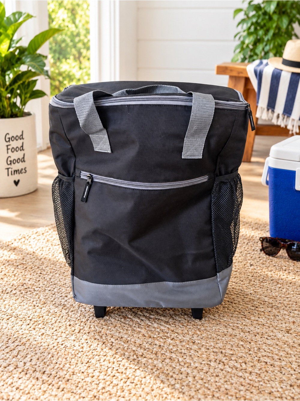Large Rolling Insulated Cooler Bag with Wheels Black Gray